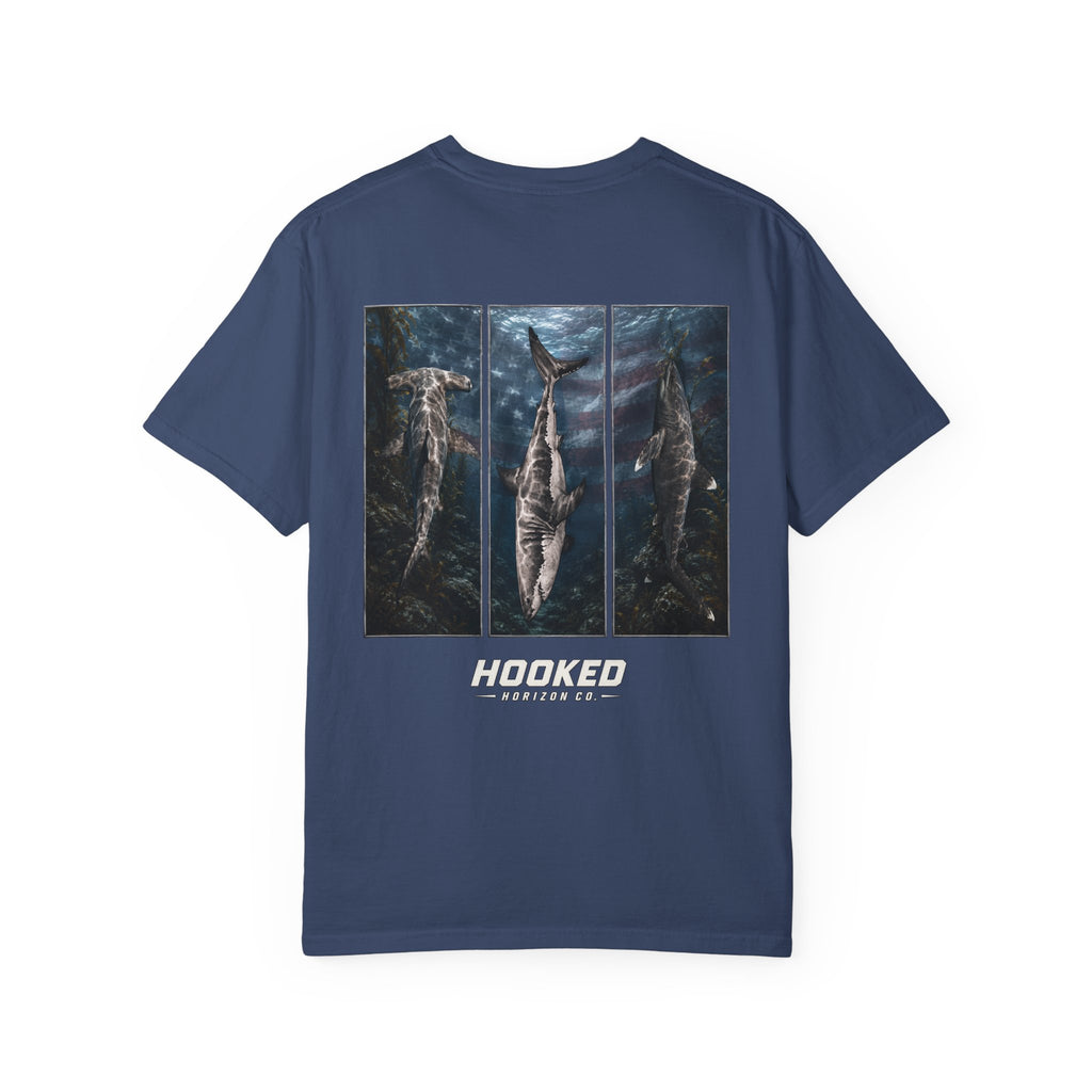 USA Triple Shark Hooked Horizon Co. — "Chasing Legends" Deep Drift Fishing Graphicishing Tee for Angler Lovers, Shark Lovers, Ocean Tee