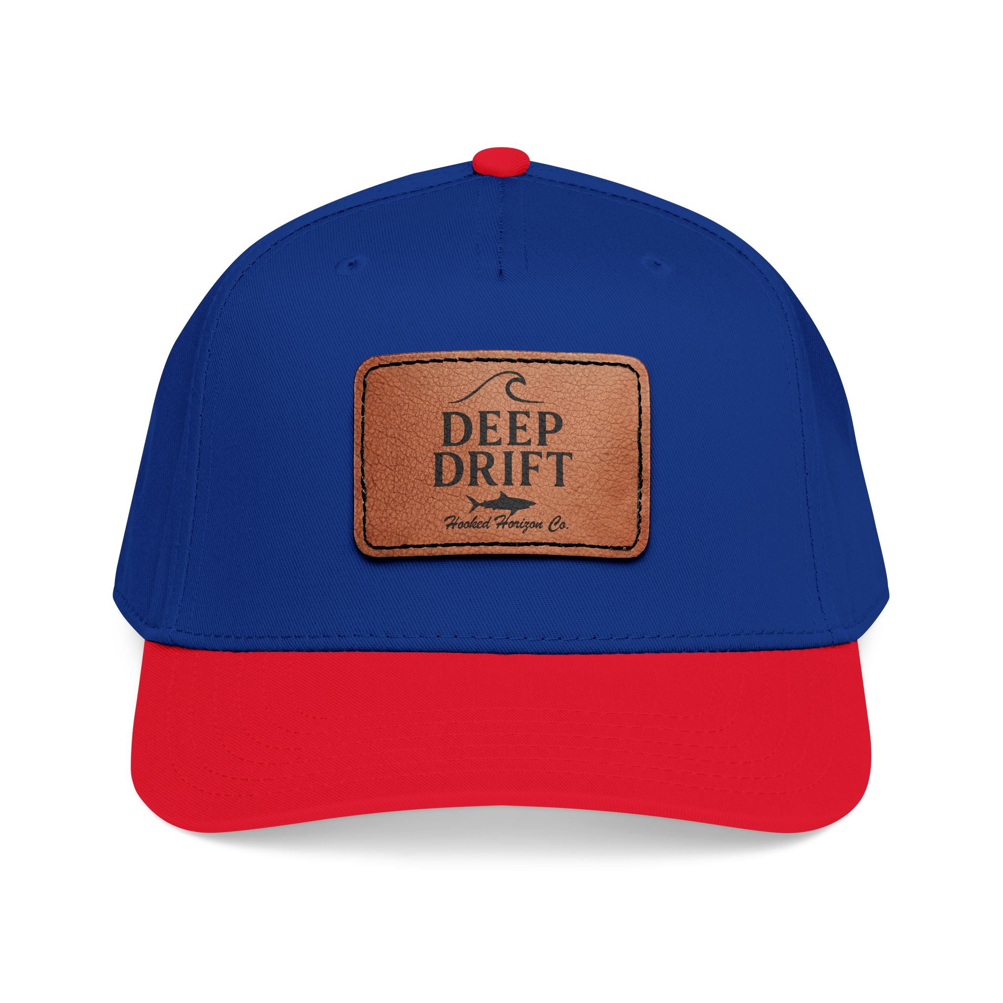 "Deep Drift" Shark Wave Leather Patch Baseball Cap — Hooked Horizon Co. Ocean Wave Logo, Multiple Color Variations