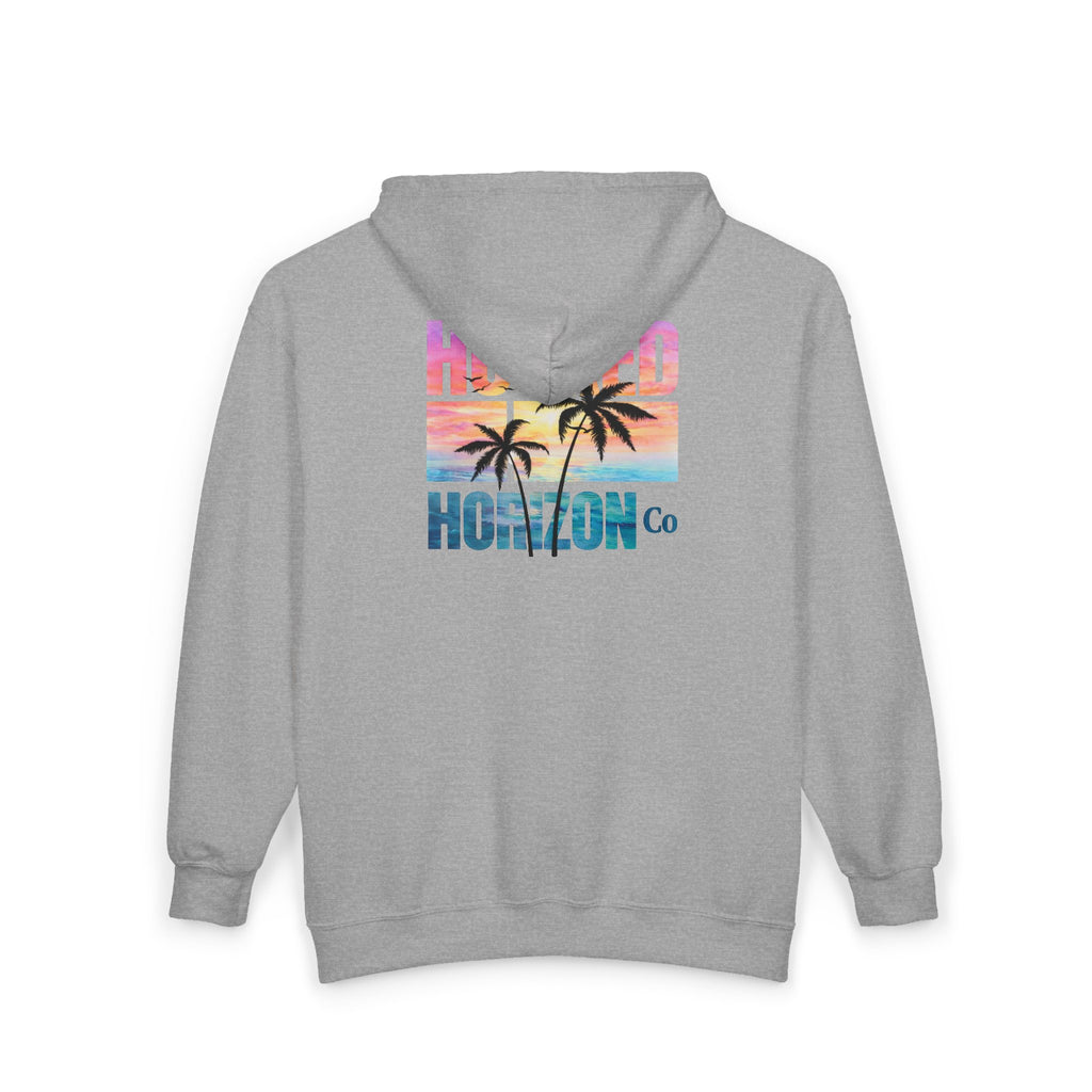 Hooked Horizon Co. Sunset & Palm Tree 90s Inspired Vacation Zip Hoodie - Tropical Palm Sunset Fishing Hoodie,  Multiple Color Variations