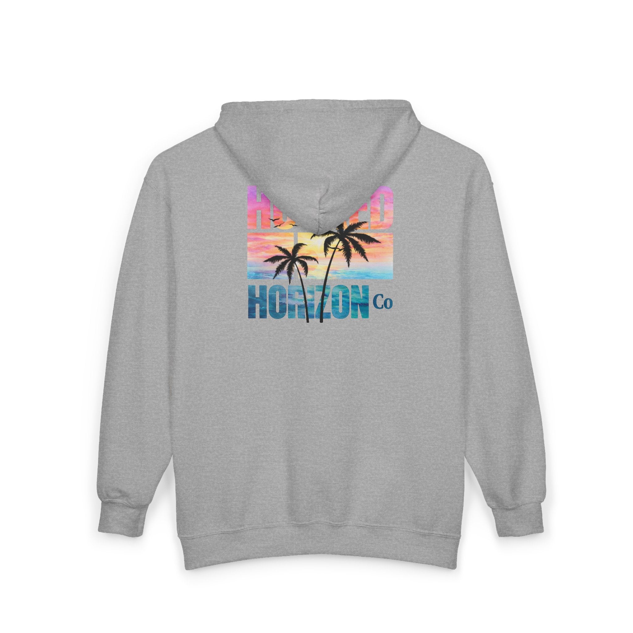 Hooked Horizon Co. Sunset & Palm Tree 90s Inspired Vacation Zip Hoodie - Tropical Palm Sunset Fishing Hoodie,  Multiple Color Variations