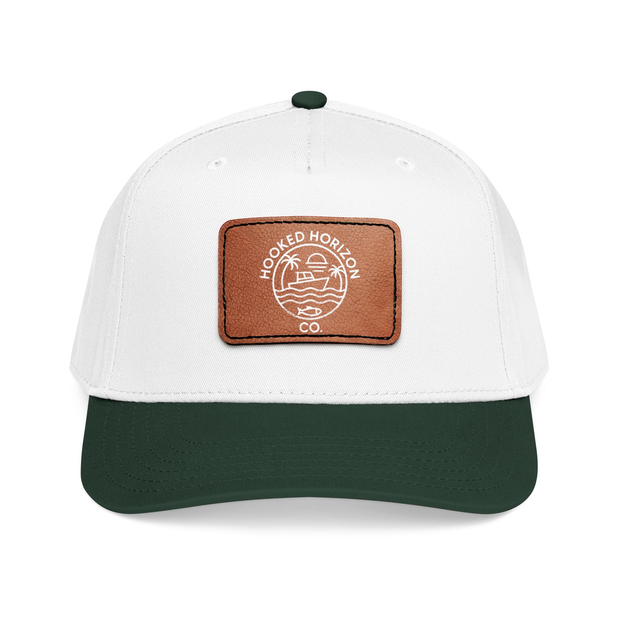Hooked Horizon Co. 80s Inspired Logo–Leather Patch Baseball Cap — Hooked Horizon Co. Fishing Boat, Multiple Color Variations