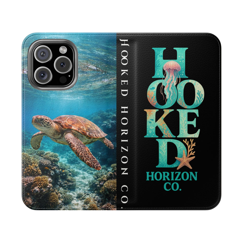 Turtle Hooked Horizon Co Flip Phone Case — Turquoise Water Pattern Wallet Cover
