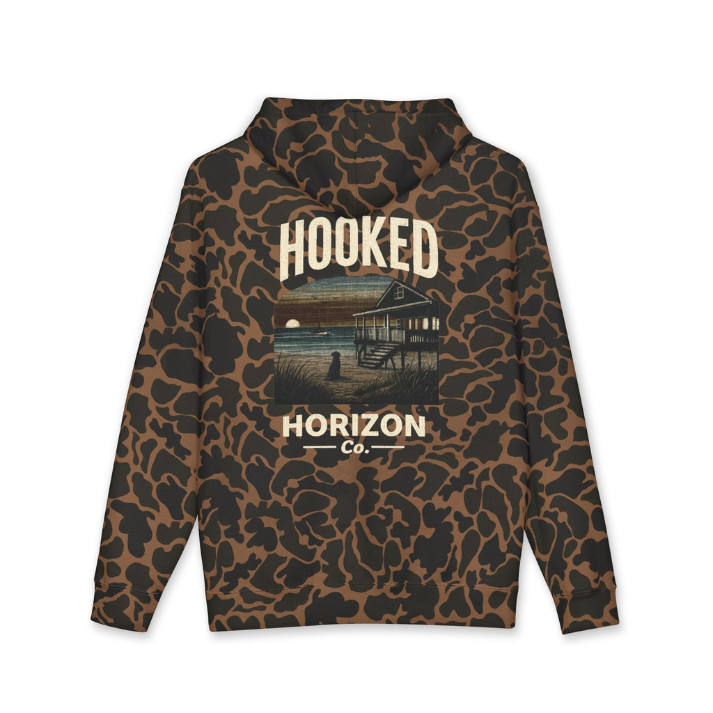 Dog & Sunset Hoodie Hooked Horizon Co. — Minimal Fishing Back Graphic Hoodie, Multiple Color Variations