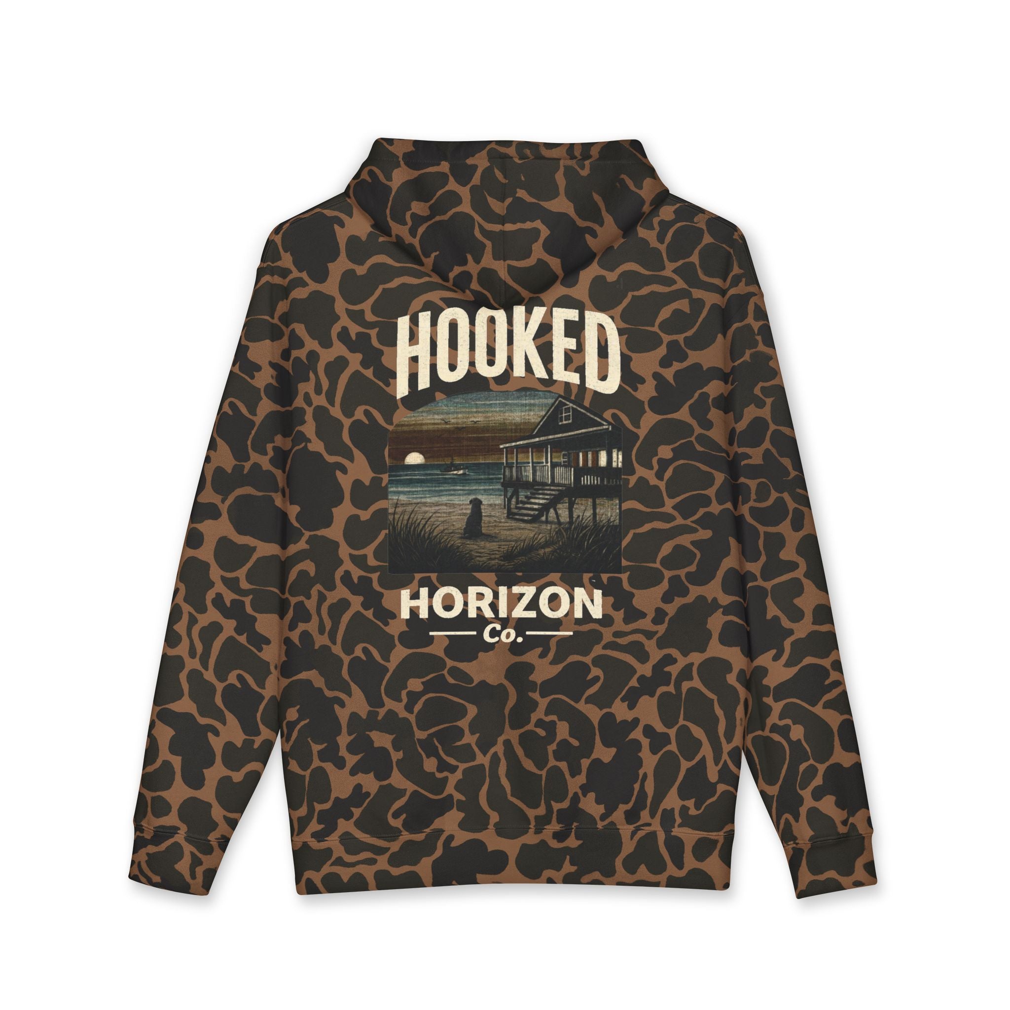 Dog & Sunset Hoodie Hooked Horizon Co. — Minimal Fishing Back Graphic Hoodie, Multiple Color Variations