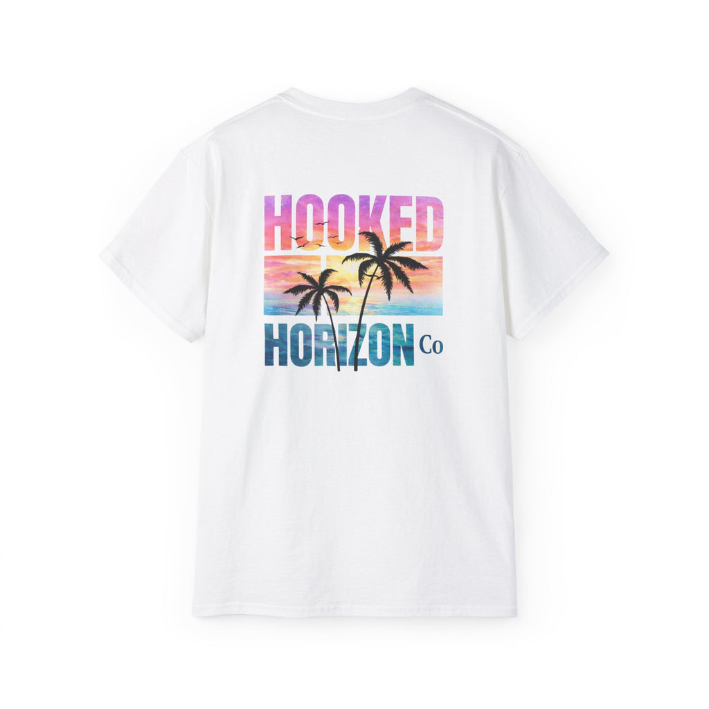 Sunset & Palm Tree T-Shirt — "Hooked" Boat & Horizon Graphic Tee, Multiple Color Variations