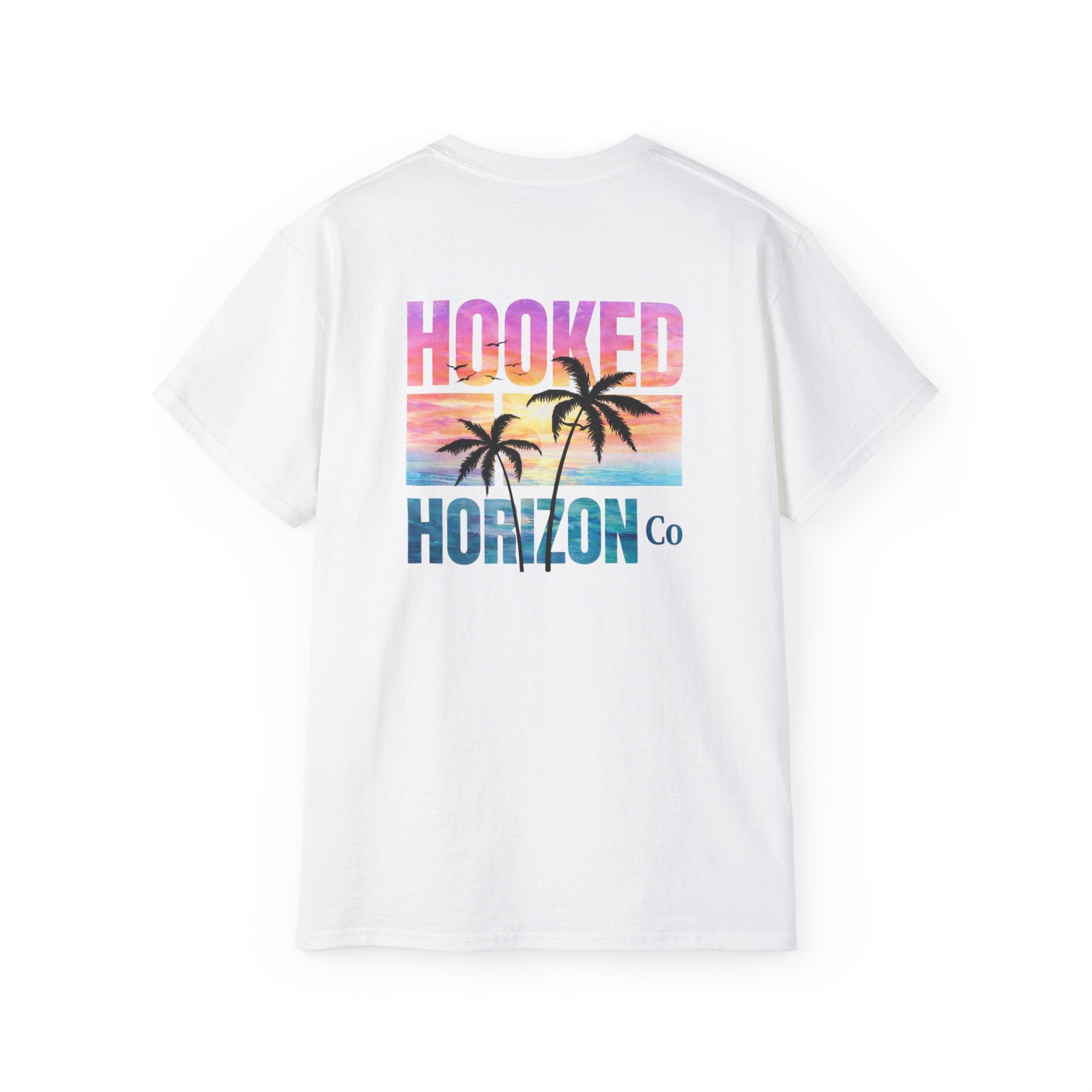 Sunset & Palm Tree T-Shirt — "Hooked" Boat & Horizon Graphic Tee, Multiple Color Variations