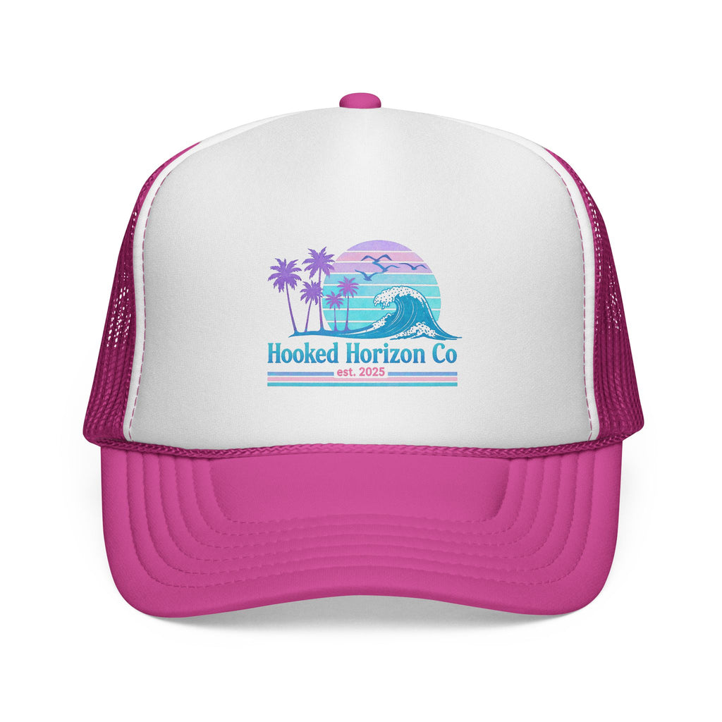 Hooked Horizon Co.  Wave, Sunset & Palm Tree 90s Inspired Trucker Cap in Purple & Blue — Outdoor & Beach Hat Ocean Conservation Gifts For Him & Her