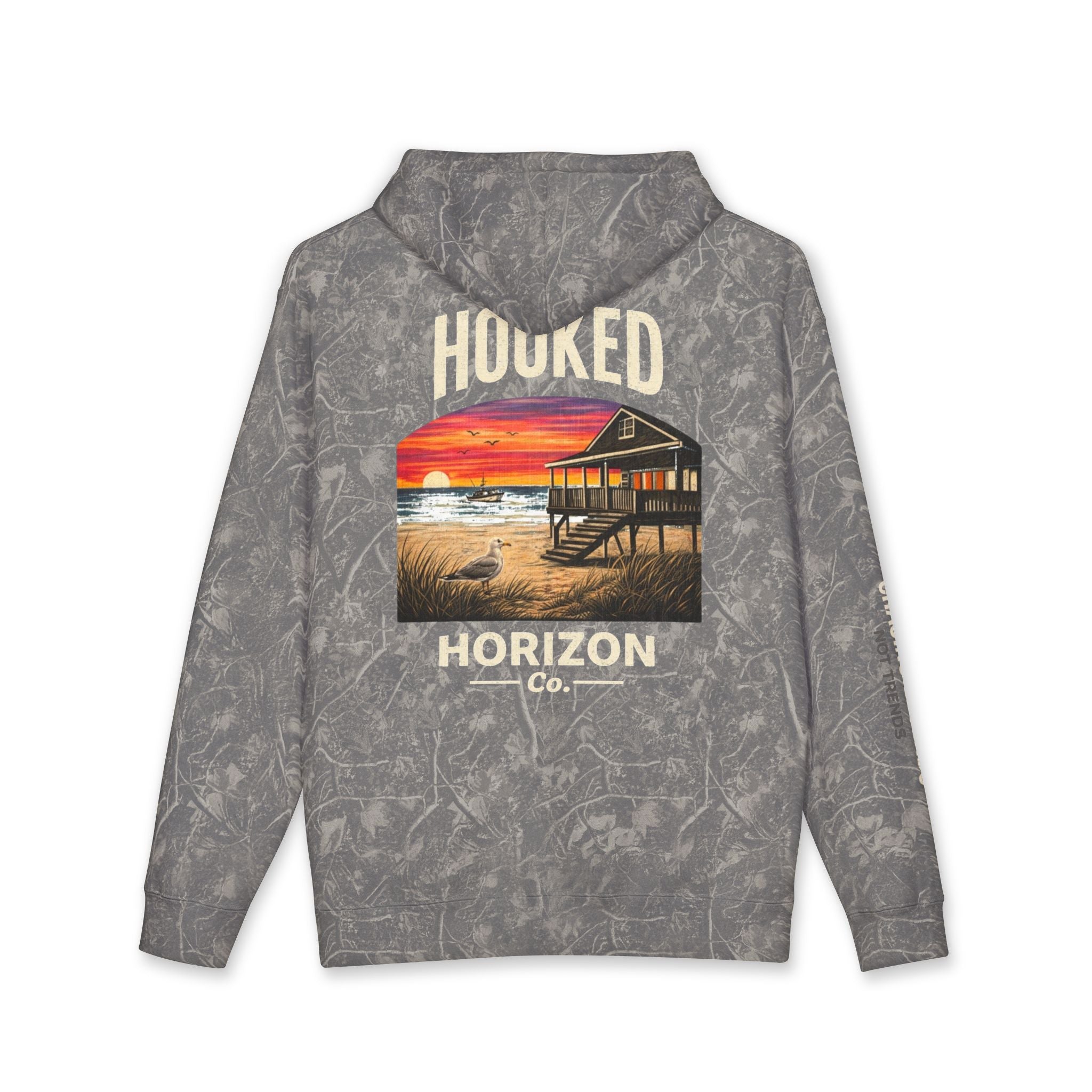 Seagull & Red Sunset Hoodie Hooked Horizon Co. — Minimal Fishing Back Graphic Hoodie, Multiple Color Variations