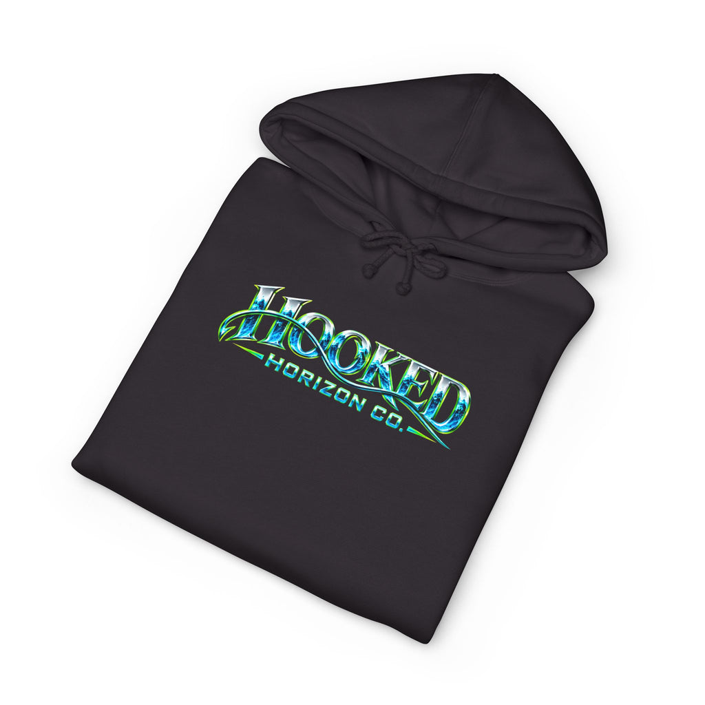 Barracuda Like Green Logo Hoodie—Hooked Horizon Co. — Fishing Back Graphic Hoodie, Multiple Color Variations