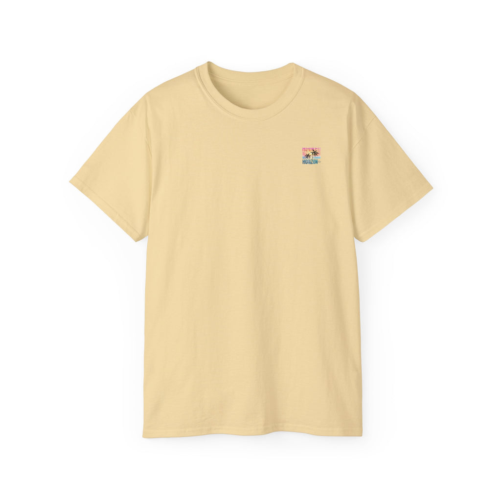 Sunset & Palm Tree T-Shirt — "Hooked" Boat & Horizon Graphic Tee, Multiple Color Variations