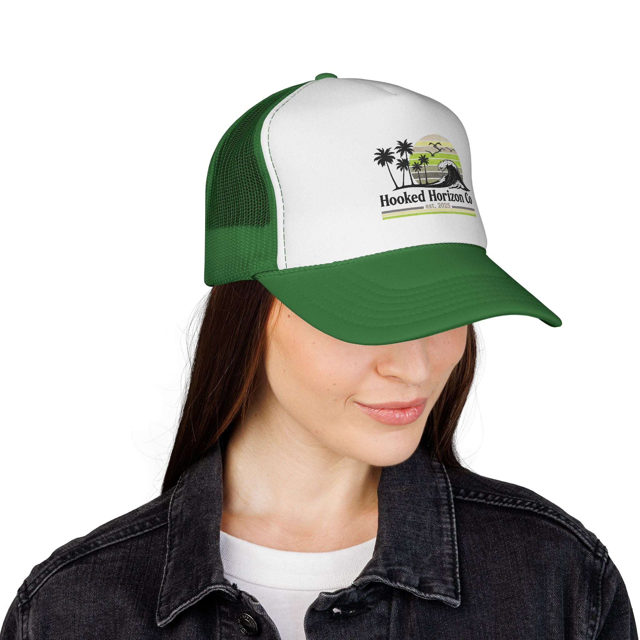 Hooked Horizon Co.  Sunset & Palm Tree 90s Inspired Trucker Cap — Outdoor & Beach Hat Ocean Conservation Gifts For Him & Her