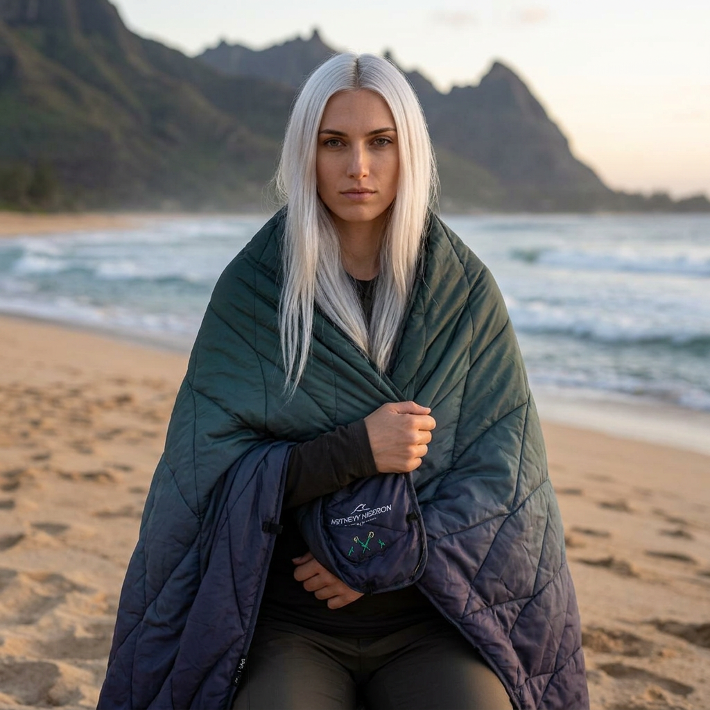 Wave Hooked Horizon Co. Embroidered Gradient Puffer Blanket - Lightweight Quilted Outdoor Throw