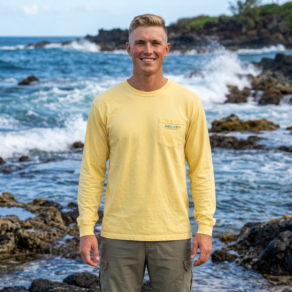 Blue & Gold Hooked Horizon Co.  Classic Logo Unisex Long Sleeve Pocket T-Shirt