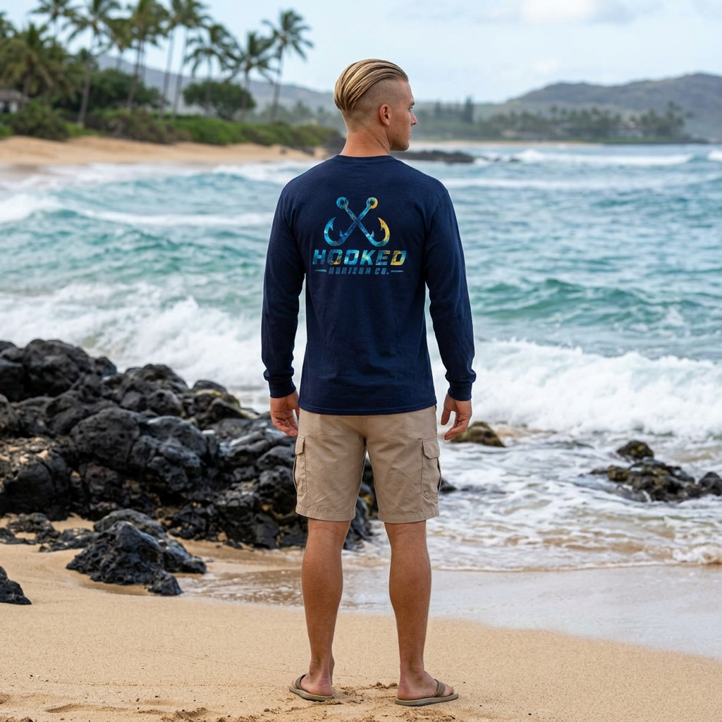 Blue & Gold Hooked Horizon Co.  Classic Logo Unisex Long Sleeve Pocket T-Shirt