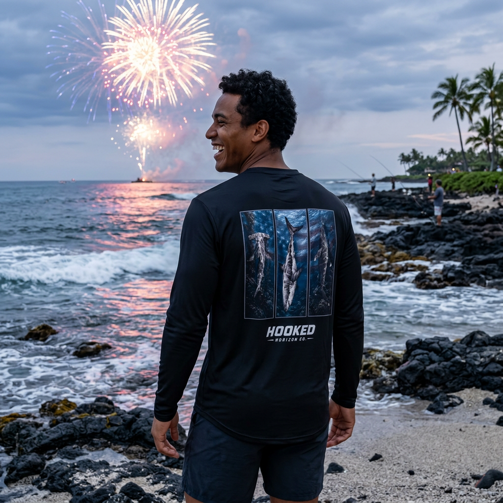 USA Triple Shark Hooked Horizon Co — Men's Long Sleeve UV Shirt — Chasing Legends Not Trends Graphic Performance Tee