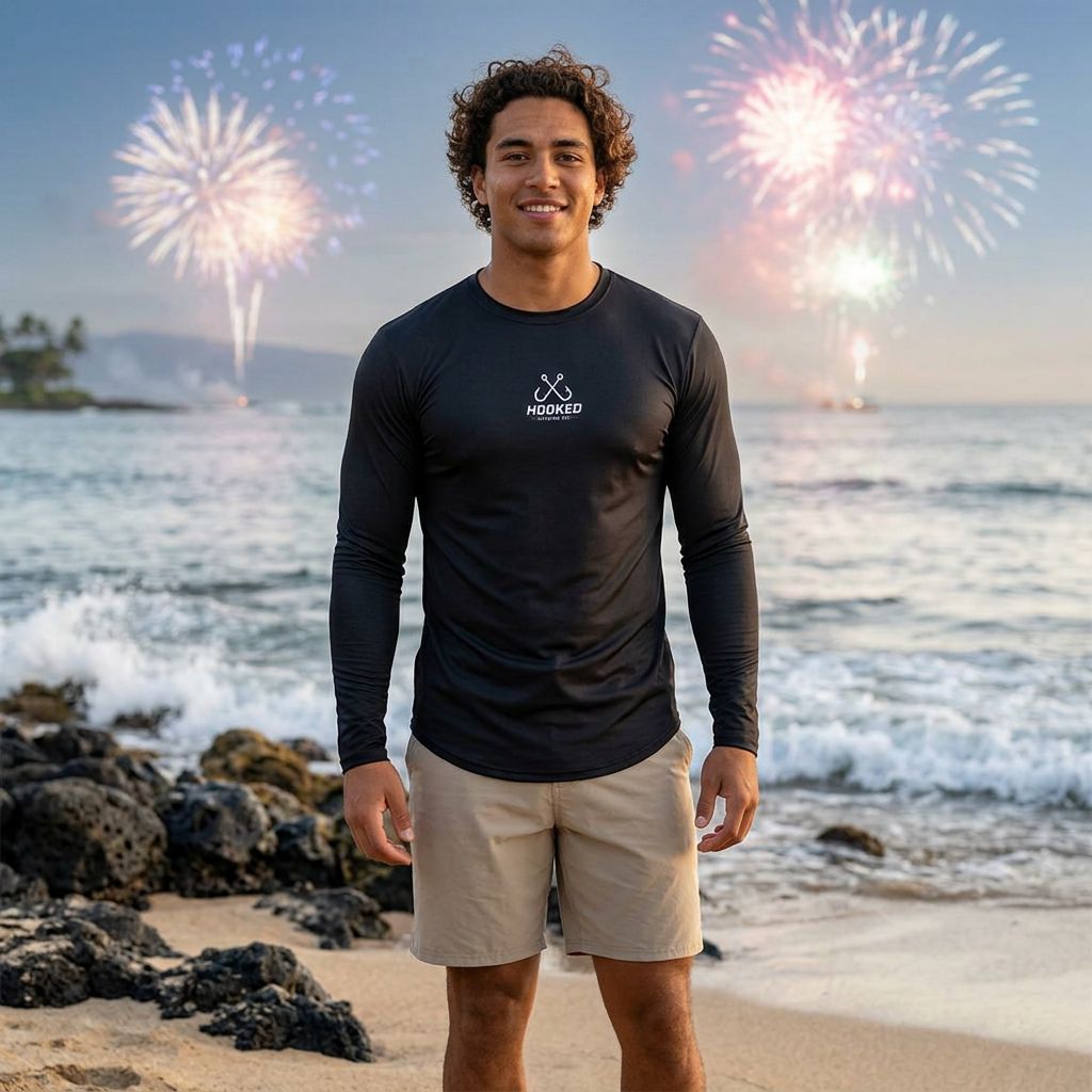 USA Triple Shark Hooked Horizon Co — Men's Long Sleeve UV Shirt — Chasing Legends Not Trends Graphic Performance Tee