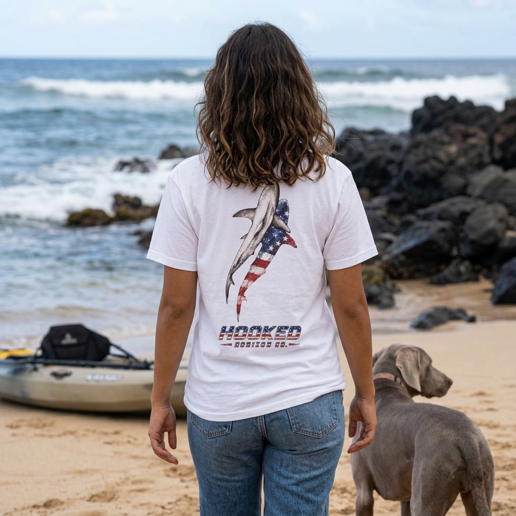 USA Shark Flag T-Shirt — "Hooked Horizon Co." American Fishing Graphic Tee