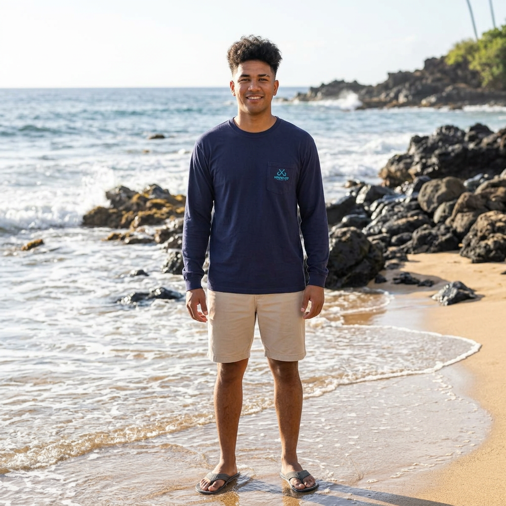 Bright Blue Hooked Horizon Co.  Classic Logo Unisex Long Sleeve Pocket T-Shirt