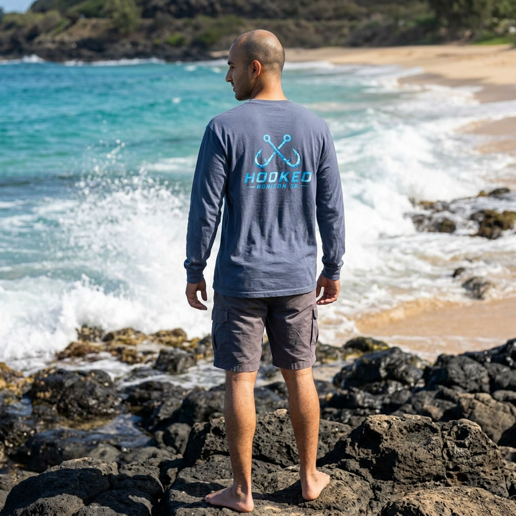 Bright Blue Hooked Horizon Co.  Classic Logo Unisex Long Sleeve Pocket T-Shirt