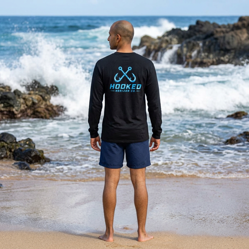 Bright Blue Hooked Horizon Co.  Classic Logo Unisex Long Sleeve Pocket T-Shirt