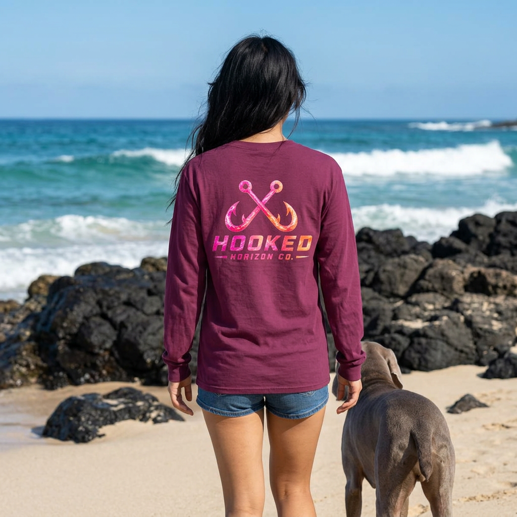 Hot Pink & Peach Hooked Horizon Co. — Classic Logo Unisex Long Sleeve Pocket T-Shirt