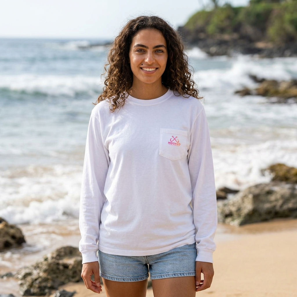 Hot Pink & Peach Hooked Horizon Co. — Classic Logo Unisex Long Sleeve Pocket T-Shirt