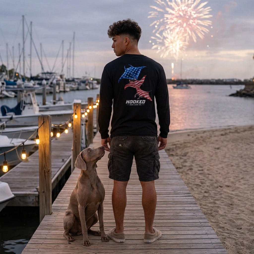USA Manta Ray Hooked Horizon Co.  Classic Logo Unisex Long Sleeve Pocket T-Shirt