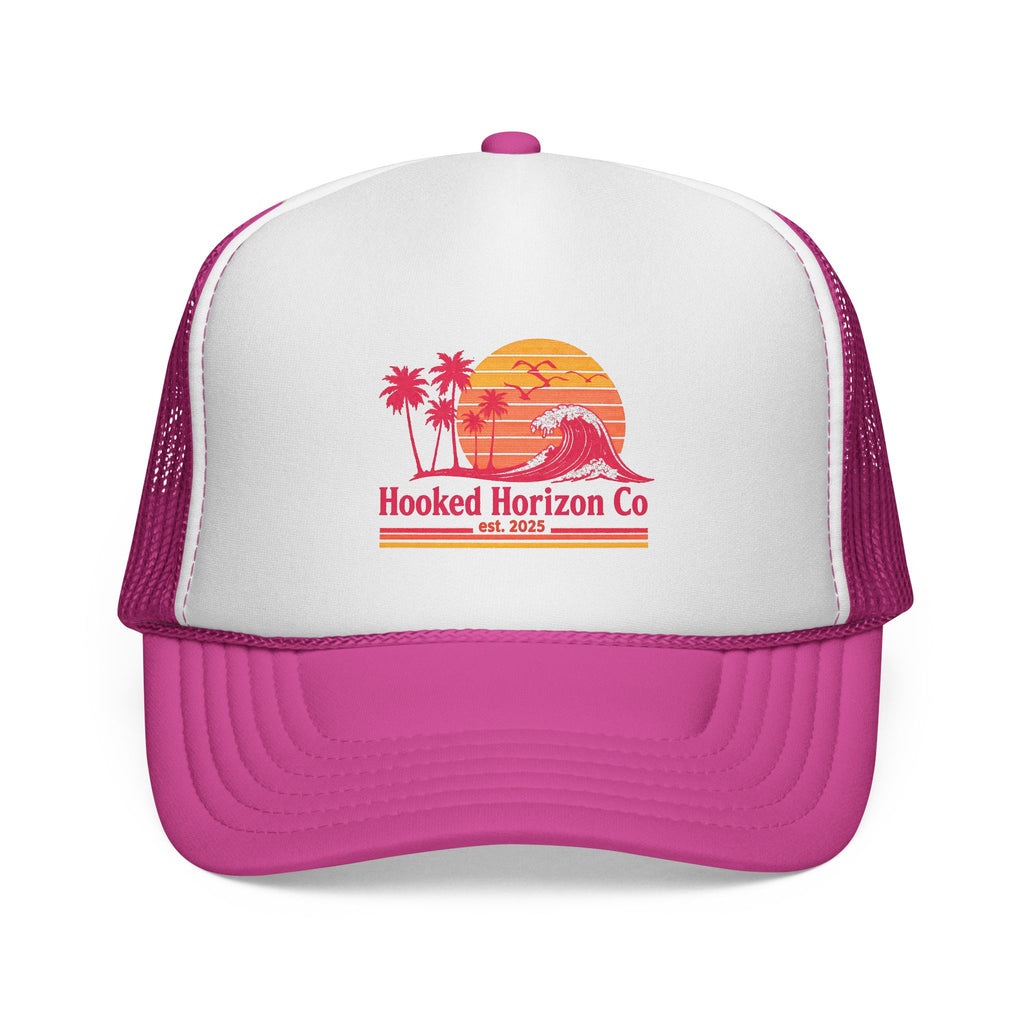 Hooked Horizon Co.  Wave, Sunset & Palm Tree 90s Inspired Trucker Cap — Outdoor & Beach Hat Ocean Conservation Gifts For Him & Her