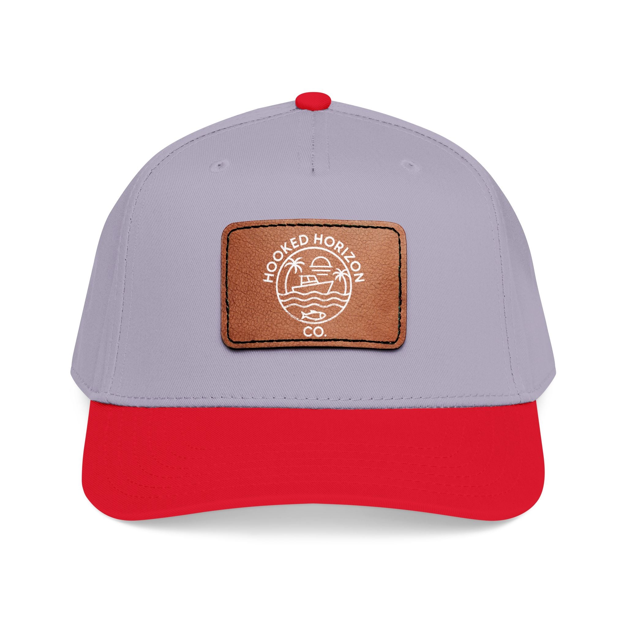 Hooked Horizon Co. 80s Inspired Logo–Leather Patch Baseball Cap — Hooked Horizon Co. Fishing Boat, Multiple Color Variations