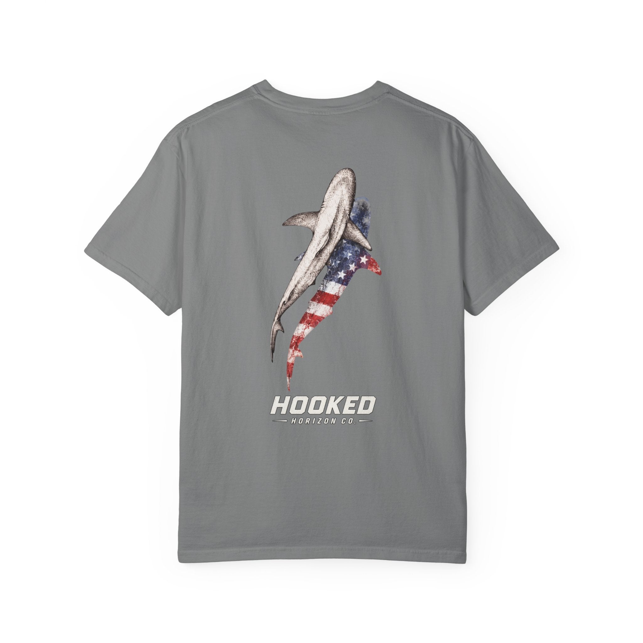 USA Shark Flag T-Shirt — "Hooked Horizon Co." American Fishing Graphic Tee