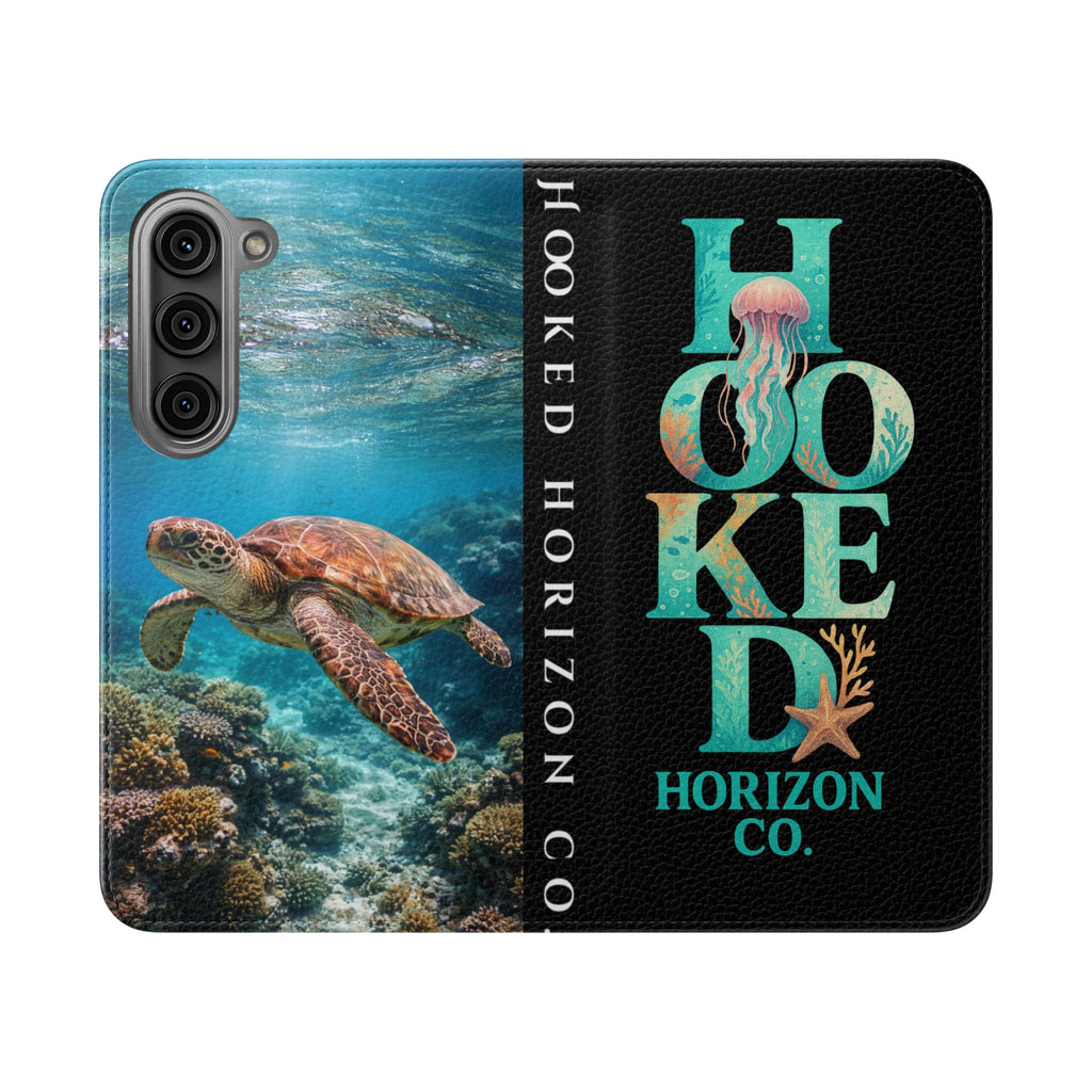 Turtle Hooked Horizon Co Flip Phone Case — Turquoise Water Pattern Wallet Cover