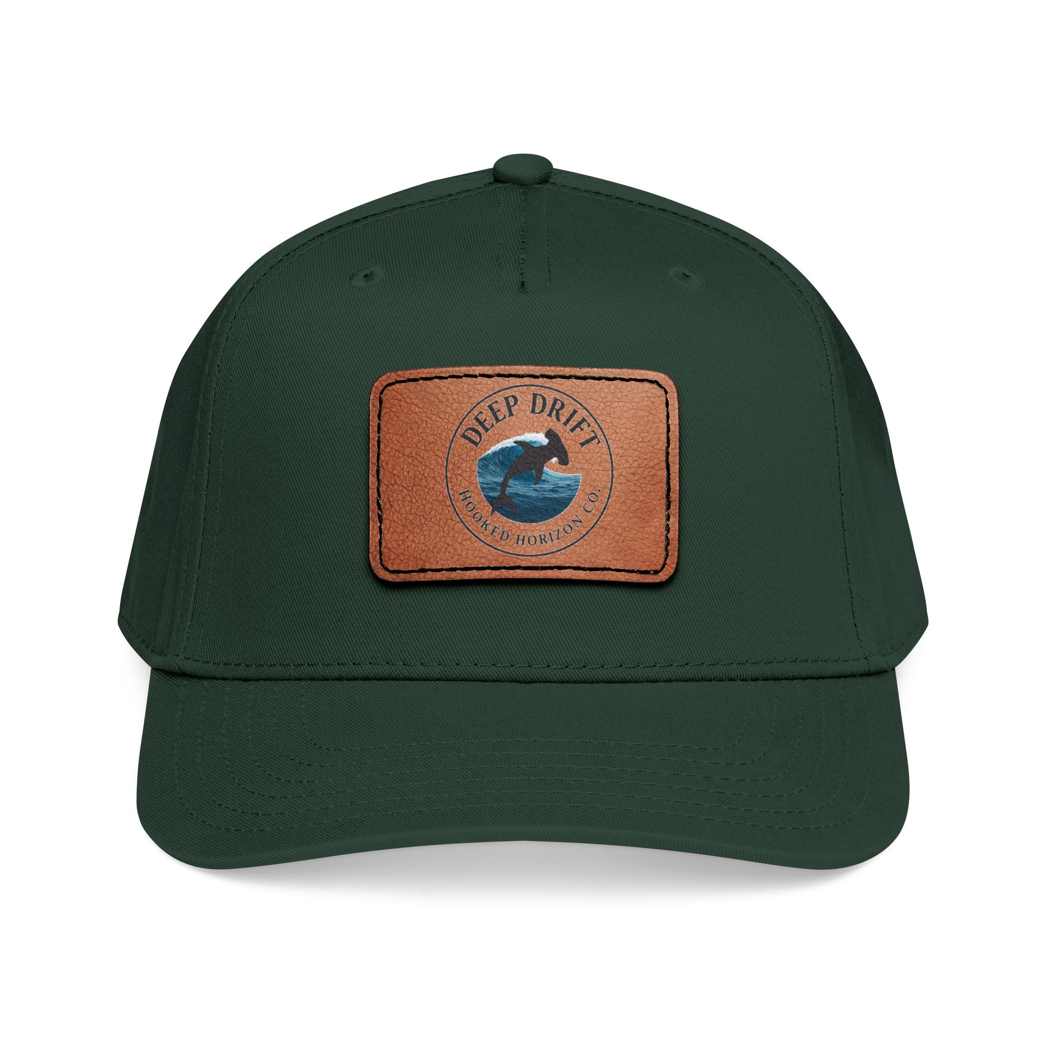 Deep Drift Leather Patch Baseball Cap — Hooked Horizon Co. Ocean Wave Logo, Multiple Color Variations