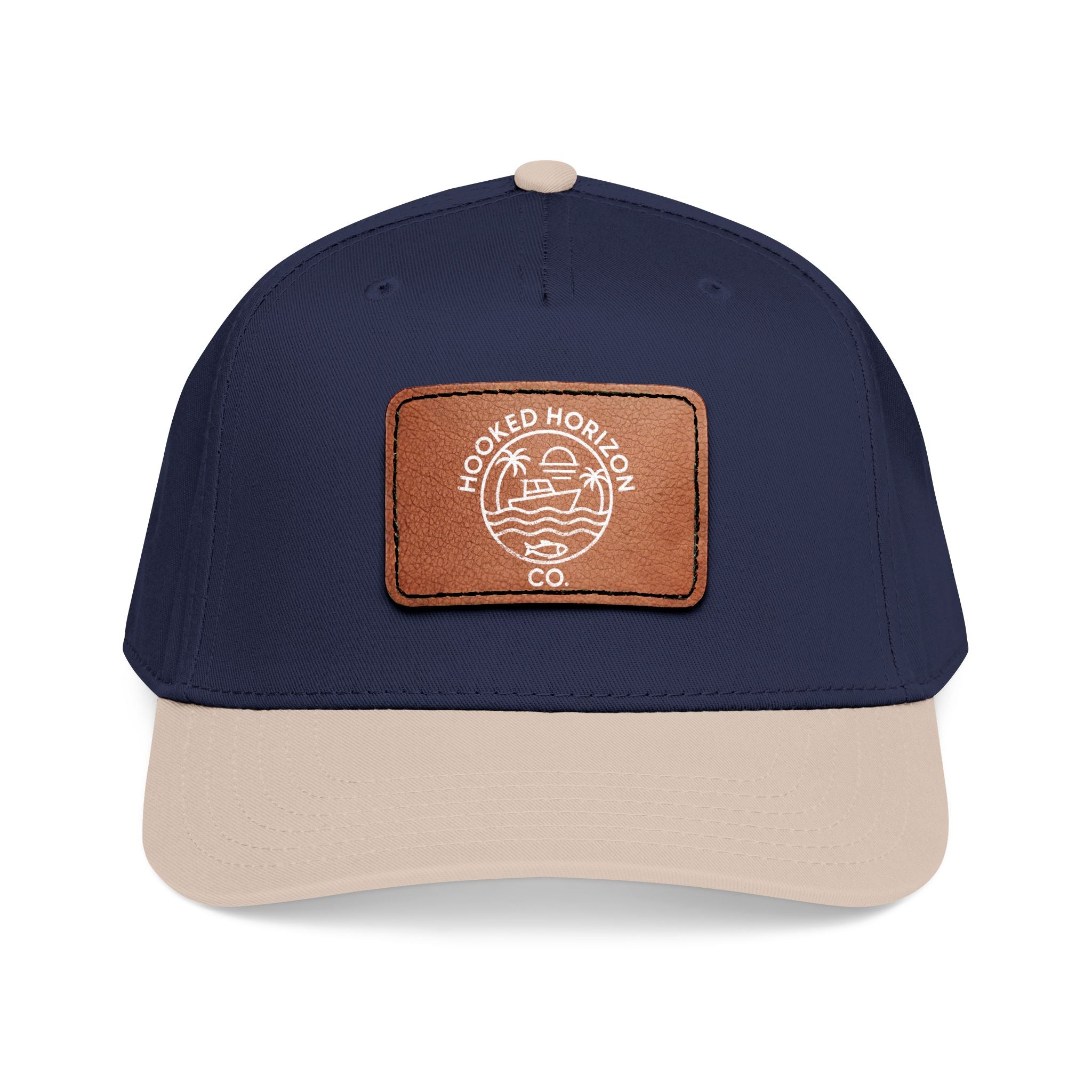 Hooked Horizon Co. 80s Inspired Logo–Leather Patch Baseball Cap — Hooked Horizon Co. Fishing Boat, Multiple Color Variations