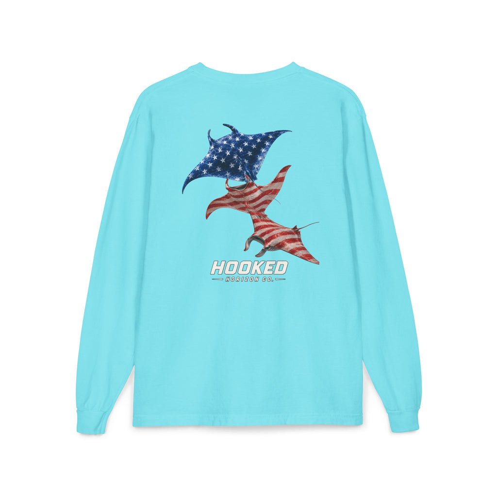 USA Manta Ray Hooked Horizon Co.  Classic Logo Unisex Long Sleeve Pocket T-Shirt