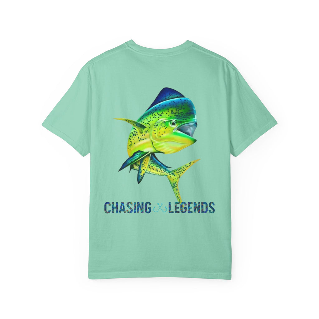 Mahi Mahi Hooked Horizon Co. — "Chasing Legends" Deep Drift Fishing Graphicishing Tee for Angler Lovers, Shark Lovers, Ocean Tee