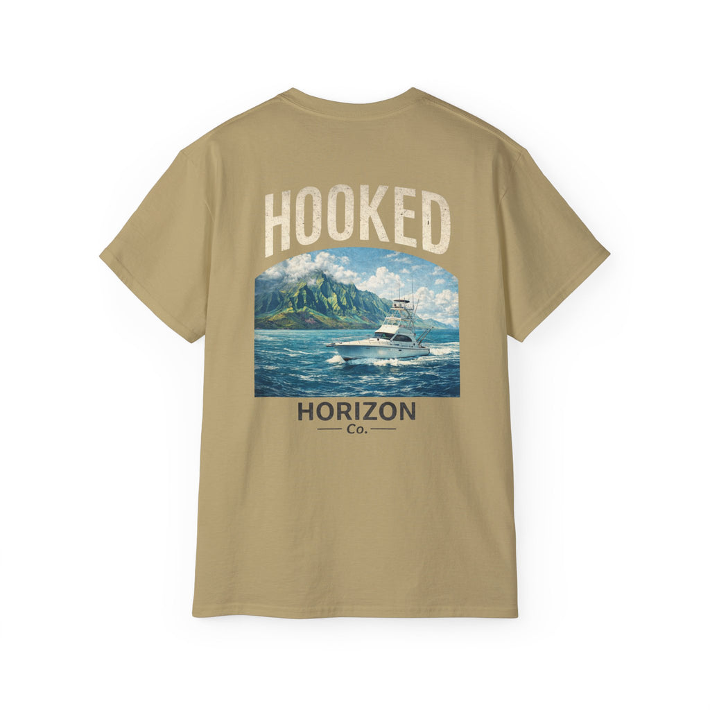 Fishing Charter T-Shirt — "Hooked" Boat & Horizon Graphic Tee, Multiple Color Variations