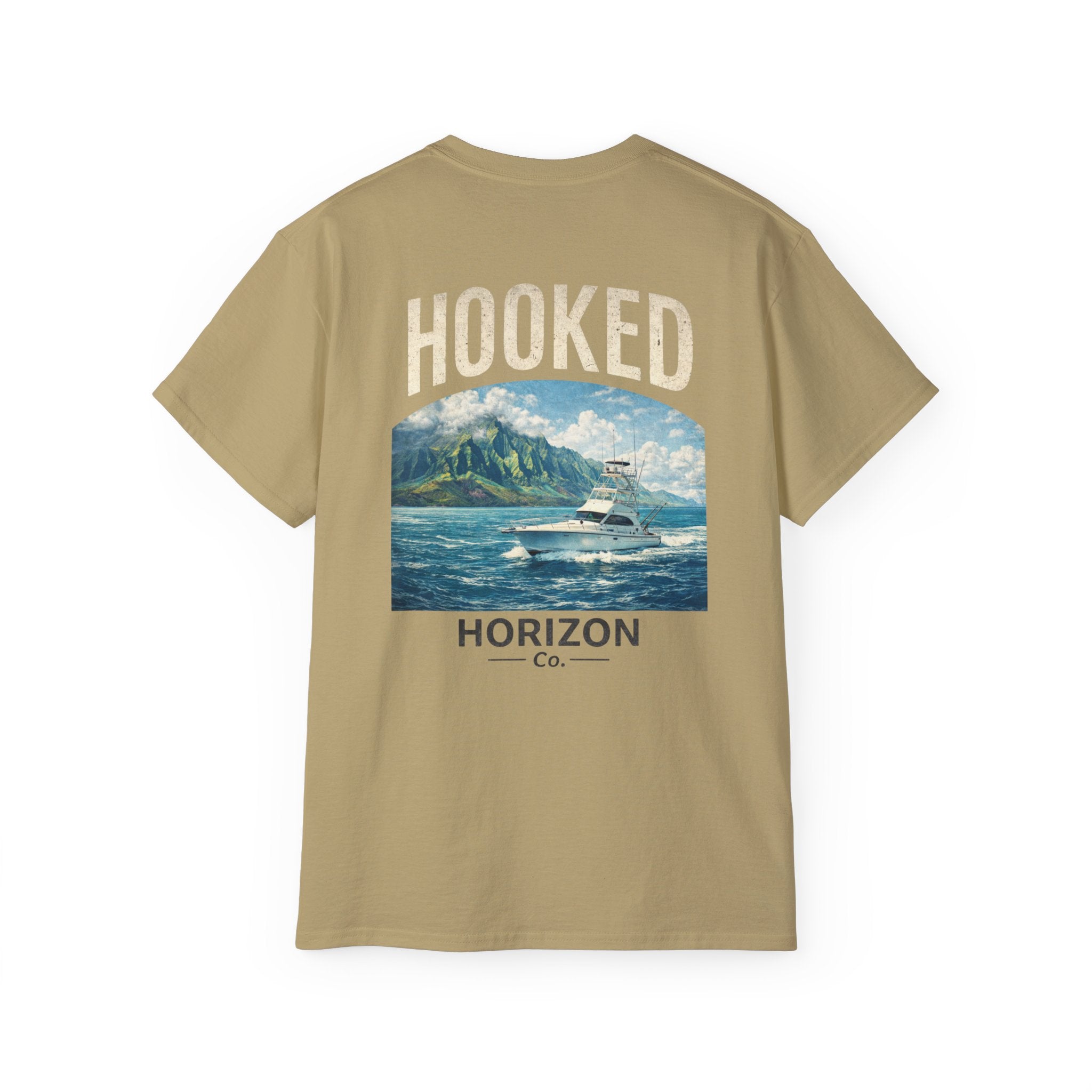 Fishing Charter T-Shirt — "Hooked" Boat & Horizon Graphic Tee, Multiple Color Variations