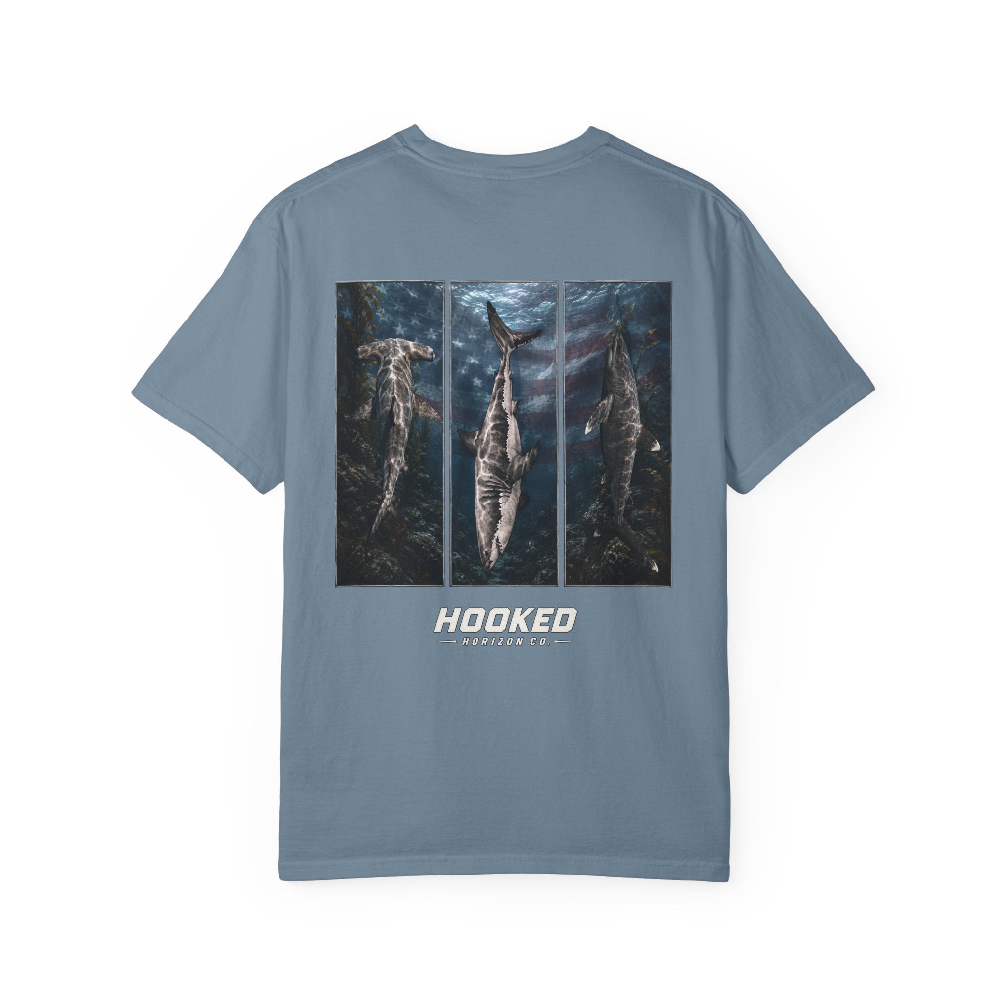 USA Triple Shark Hooked Horizon Co. — "Chasing Legends" Deep Drift Fishing Graphicishing Tee for Angler Lovers, Shark Lovers, Ocean Tee