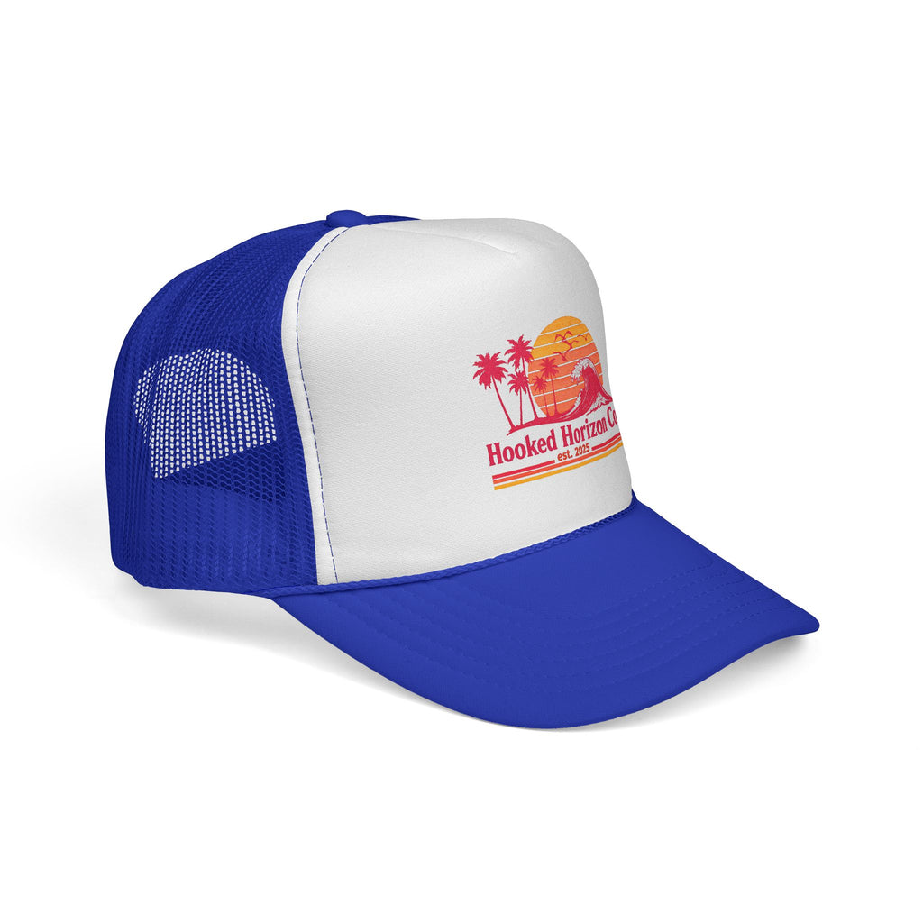Hooked Horizon Co.  Wave, Sunset & Palm Tree 90s Inspired Trucker Cap — Outdoor & Beach Hat Ocean Conservation Gifts For Him & Her