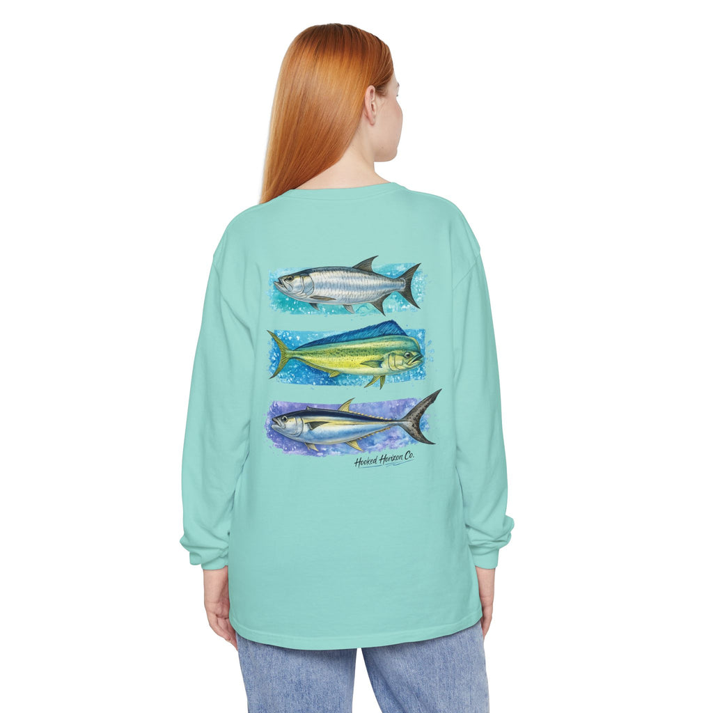 Chasing Legends Tarpon, Mahi Mahi, TunaSaltwater Fish Long Sleeve Tee — Hooked Horizon Co. Graphic Shirt