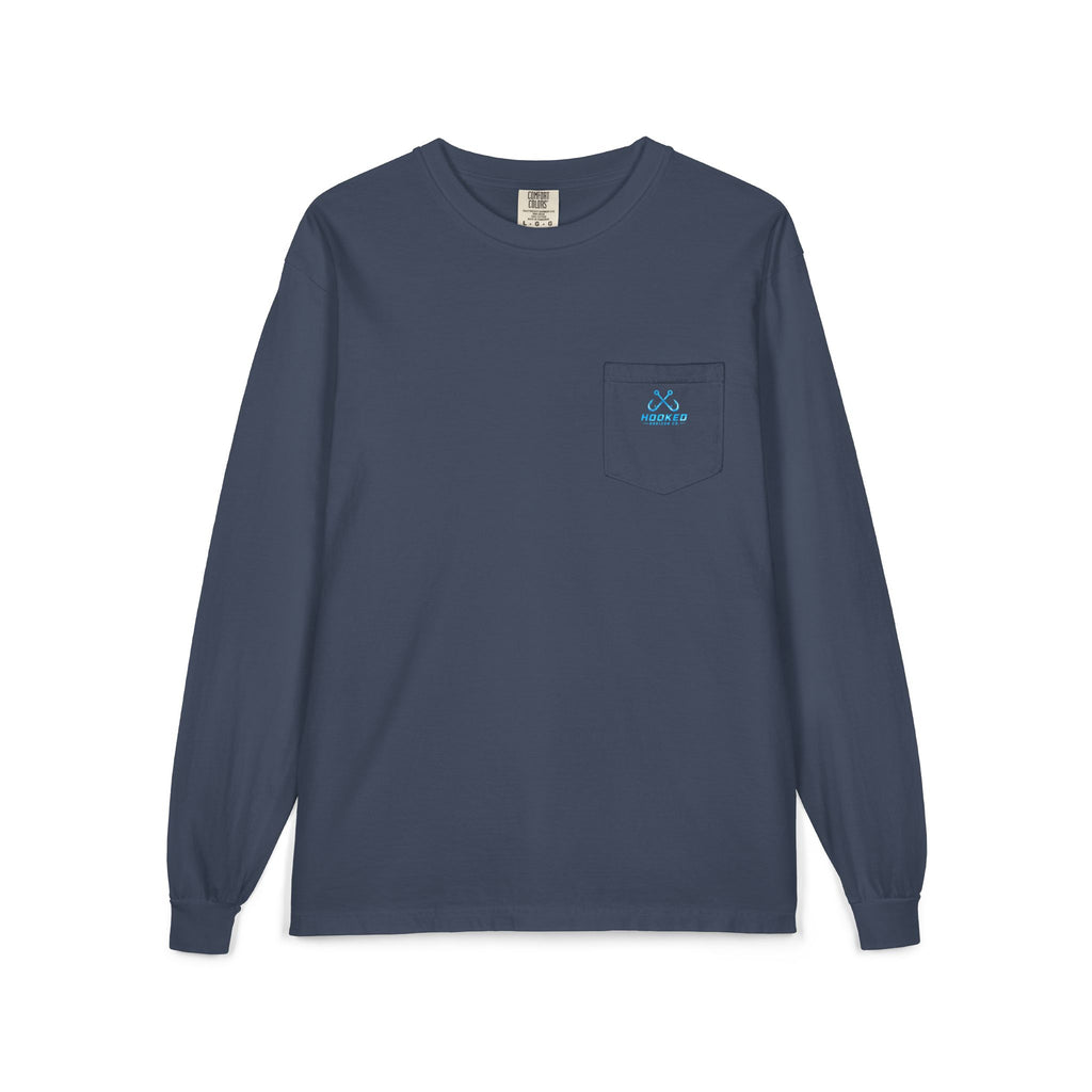 Bright Blue Hooked Horizon Co.  Classic Logo Unisex Long Sleeve Pocket T-Shirt