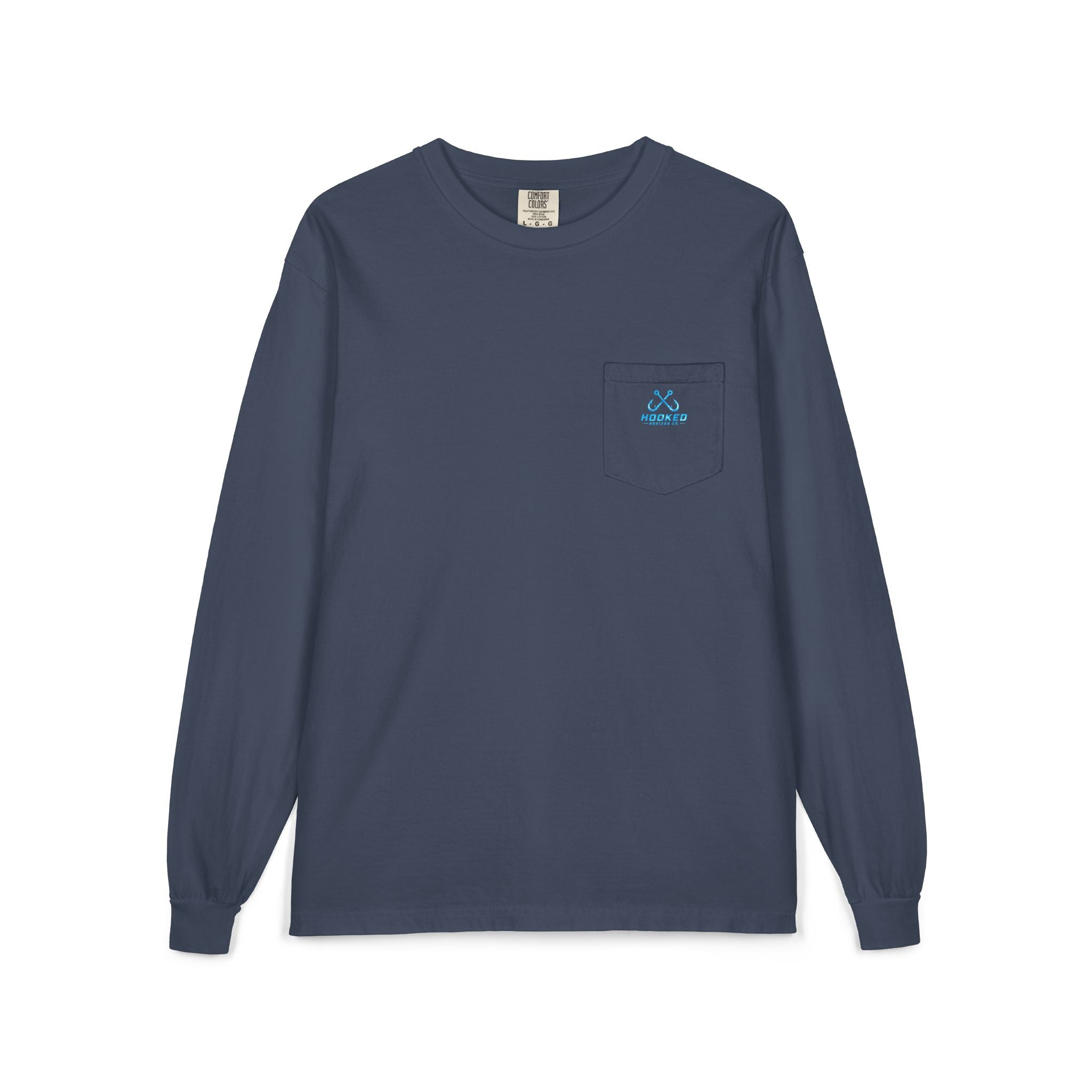Bright Blue Hooked Horizon Co.  Classic Logo Unisex Long Sleeve Pocket T-Shirt