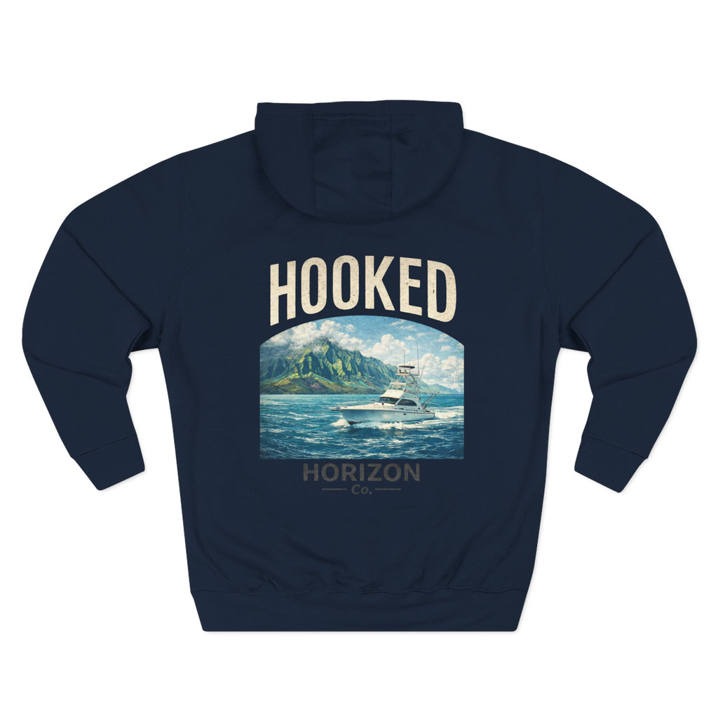 Fishing Charter T-Shirt— Hooked Horizon Hoodie — Fishing Boat Graphic Pullover