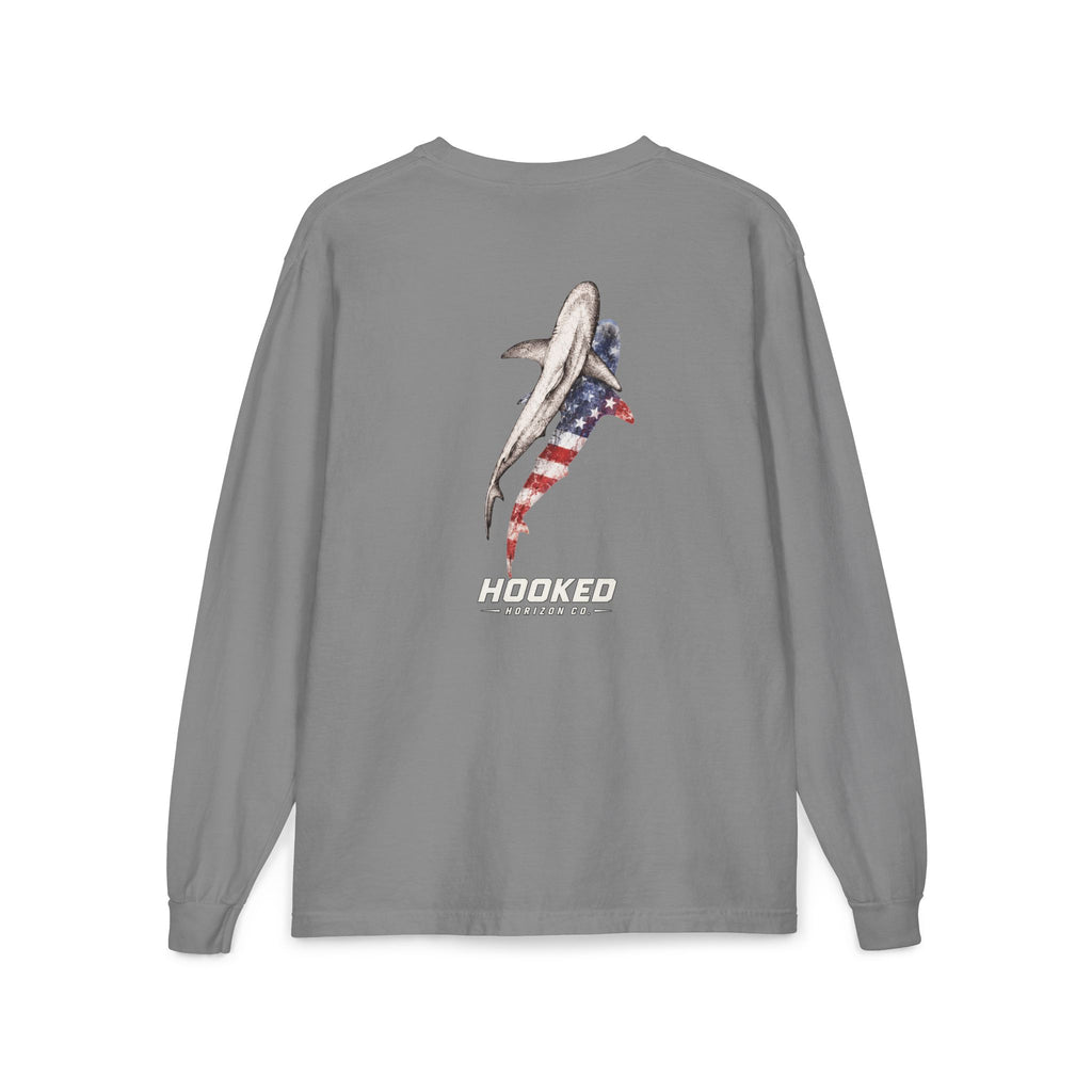 USA Shark Hooked Horizon Co.  Classic Logo Unisex Long Sleeve Pocket T-Shirt