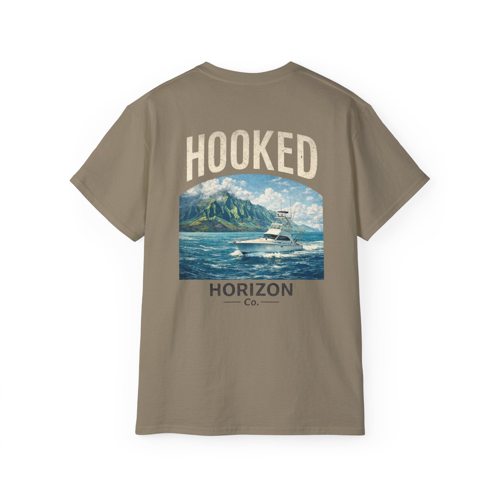 Fishing Charter T-Shirt — "Hooked" Boat & Horizon Graphic Tee, Multiple Color Variations