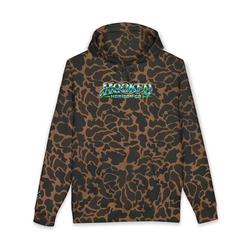 Barracuda Like Green Logo Hoodie—Hooked Horizon Co. — Fishing Back Graphic Hoodie, Multiple Color Variations