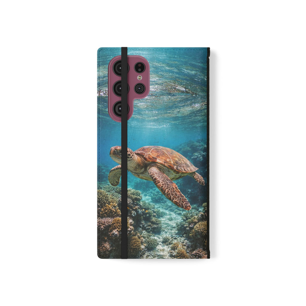 Turtle Hooked Horizon Co Flip Phone Case — Turquoise Water Pattern Wallet Cover