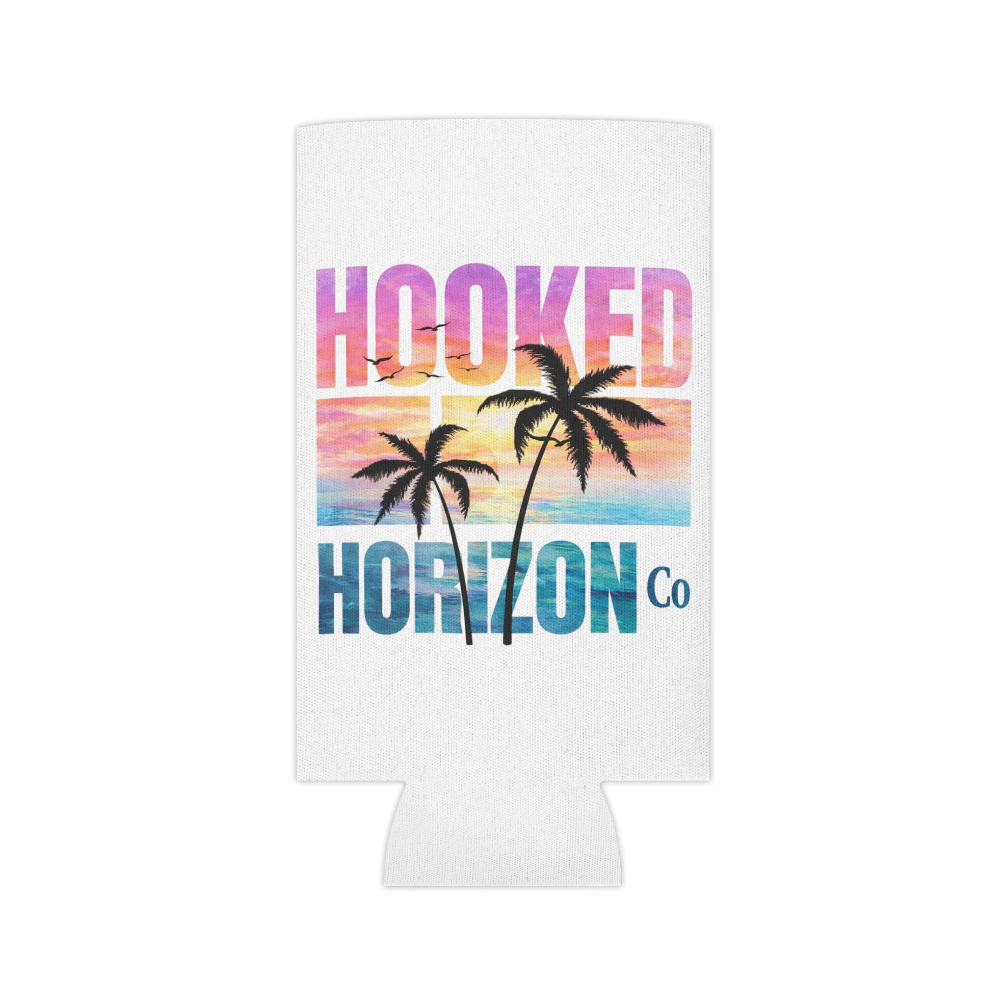 Hooked Horizon Co. Sunset & Palm Tree 90s Inspired Can Cooler – Tropical Sunset Palm Beverage Koozie