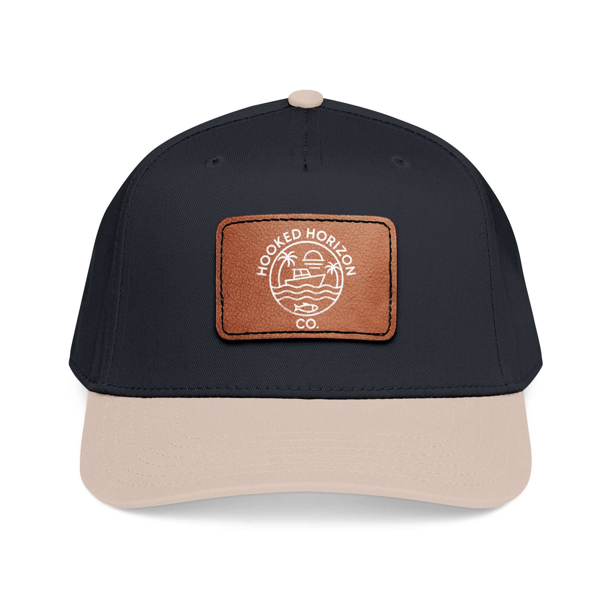 Hooked Horizon Co. 80s Inspired Logo–Leather Patch Baseball Cap — Hooked Horizon Co. Fishing Boat, Multiple Color Variations