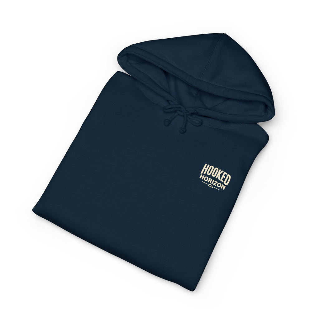 Dog & Sunset Hoodie Hooked Horizon Co. — Minimal Fishing Back Graphic Hoodie, Multiple Color Variations